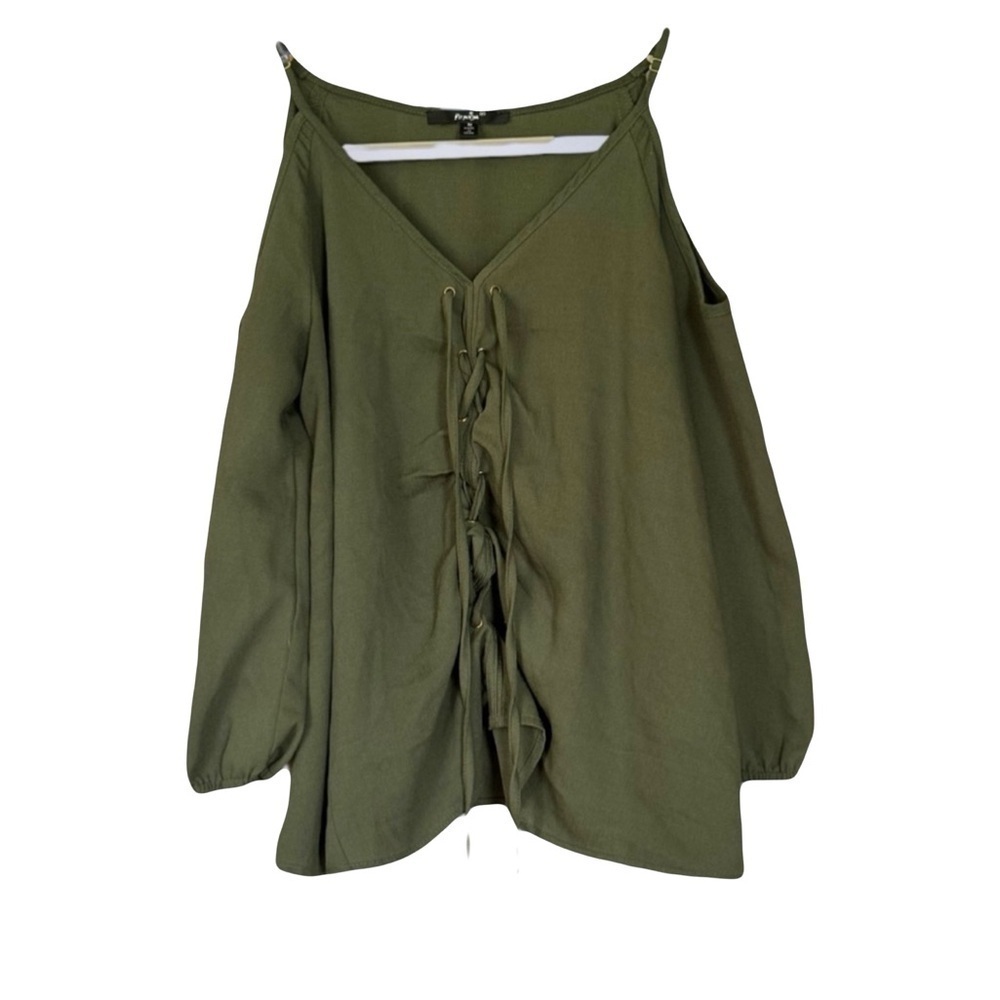 🔵 5 for $25 PAPAYA womens green lace up front open shoulder long sleeve blouse